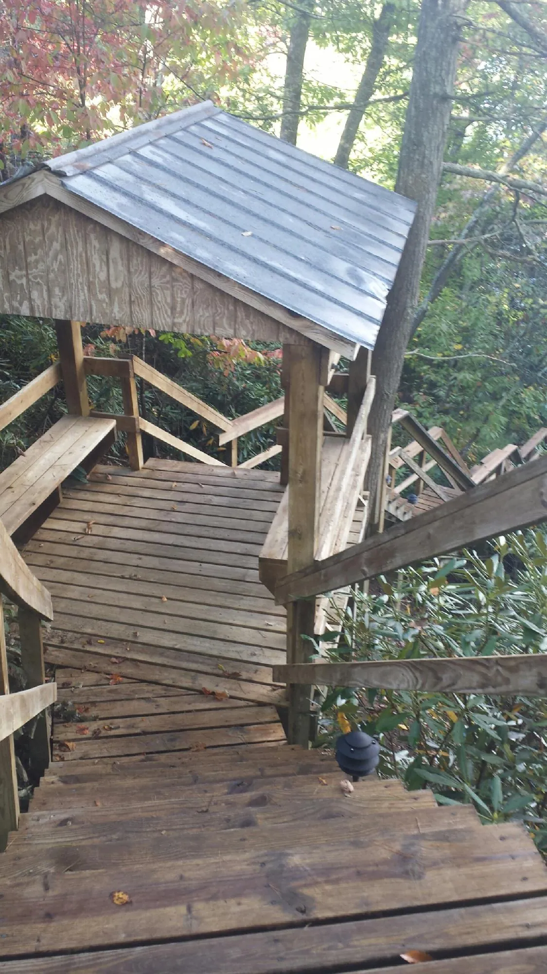 Metal roofed shelter over wooden steps on a wooded walkway — Skylight Repair & Installation work by our crew in Terre Hill